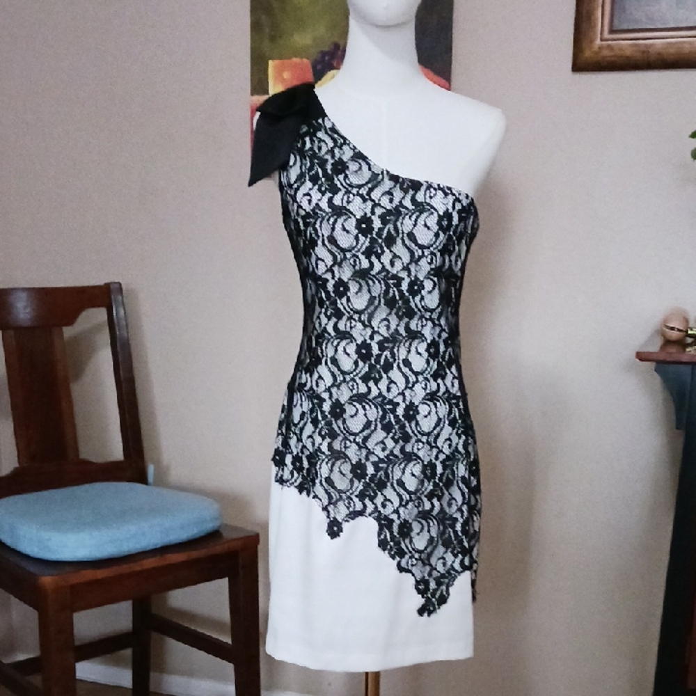 Max & Cleo Black Lace One-Shoulder Dress